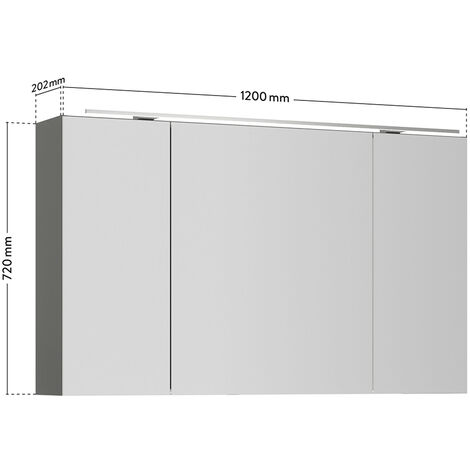 120cm PALERMO-136-GREY, Spiegelschrank LED Aufsatzleuchte in B/H/T breit, edelstahlfarben, Schiefergrau, mit Badezimmer