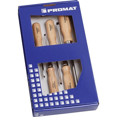 PROMAT  Schraubendrehersatz  5-teilig Schlitz Holzgriff Rundklinge mit 6-Kant-An