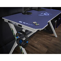 Velar Gaming Desk with Tempered Glass, LED light with Power on branding - White and Blue - White/Blue