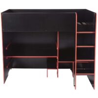 Black / Red Highsleeper Bed with Adjustable Desk-Top & Open Wardrobe - Black/Red