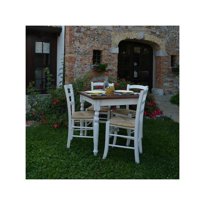 Set Shabby Chic Anticato Tavolo in legno + 4 Sedie laccate anticate  impagliate in legno per casa, ristoranti, pizzerie, comunità e bar