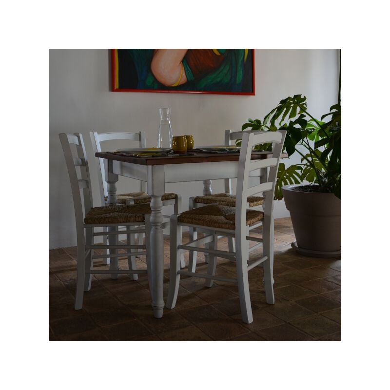 Set Shabby Chic Anticato Tavolo in legno + 4 Sedie laccate anticate  impagliate in legno per casa, ristoranti, pizzerie, comunità e bar