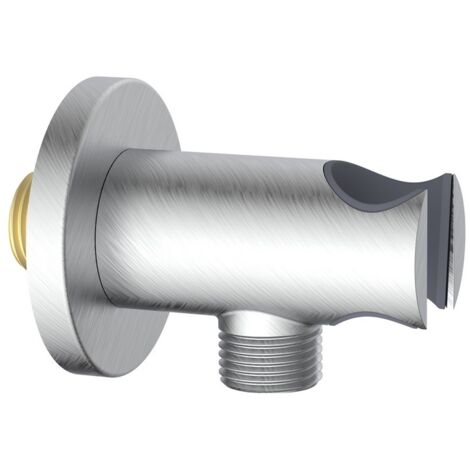 Presa acqua tonda con supporto doccino in ottone color acciaio spazzolato