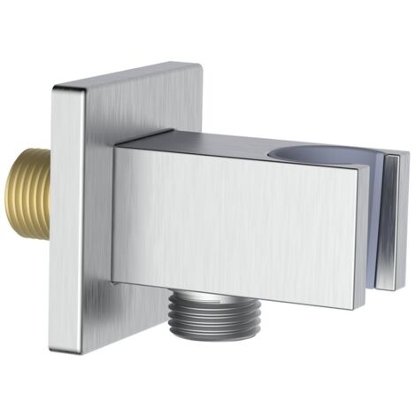 Presa acqua quadrata con supporto doccino in ottone color acciaio spazzolato