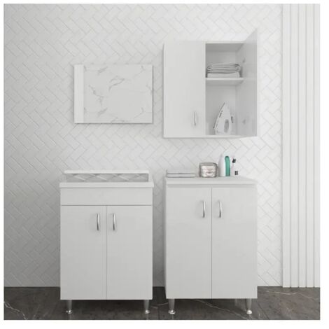 Set bagno/lavanderia con lavatoio 60x50 cm, specchio, pensile e colonna - serie Eco (1/2)