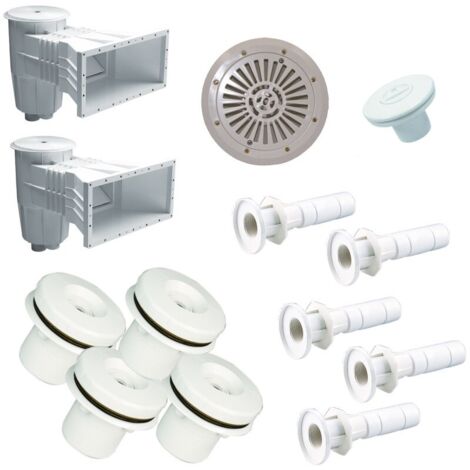 Kit complet de pièces à sceller pour piscine enterrée liner 10m x 5m – Deux skimmers 1'1/2 – Bonde de fond 2' – Quatre buses 1'1/2 – Piscineo