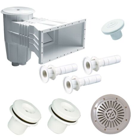 Kit complet de pièces à sceller pour piscine enterrée 8m x 4m – Skimmer grande meurtrière – Bonde de fond 2' – Deux buses de refoulement 1'1/2 – Piscineo