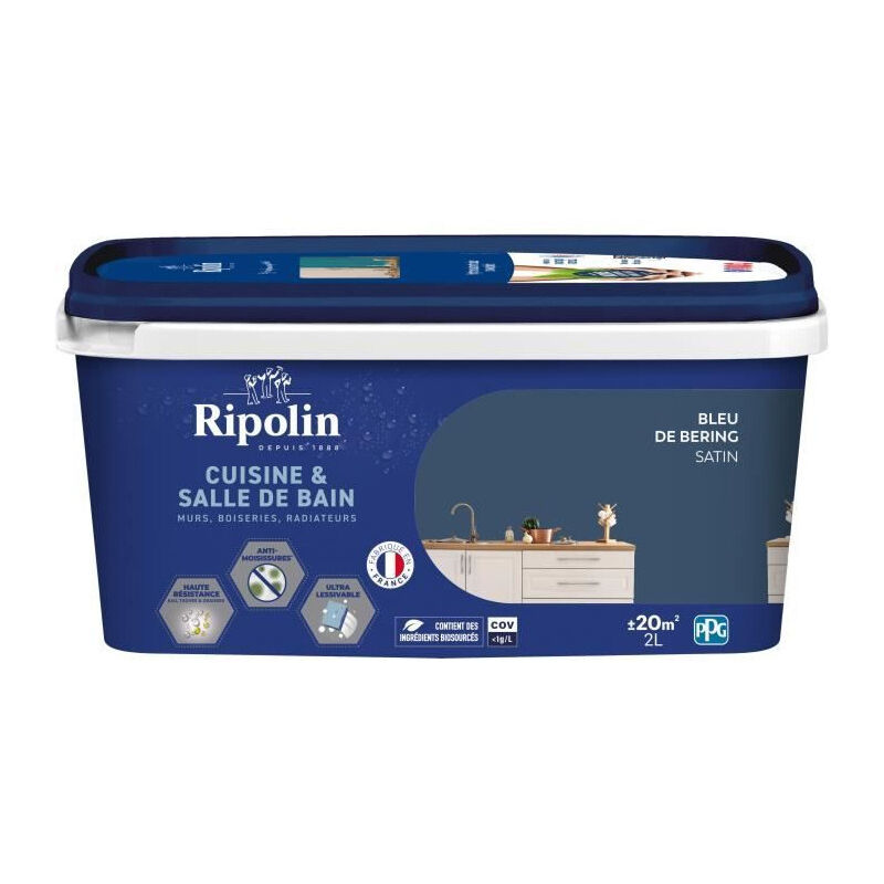 Peinture murs, boiseries, plafonds, radiateurs - RIPOLIN - Cuisine et bain - 2 L - Bleu de Bering