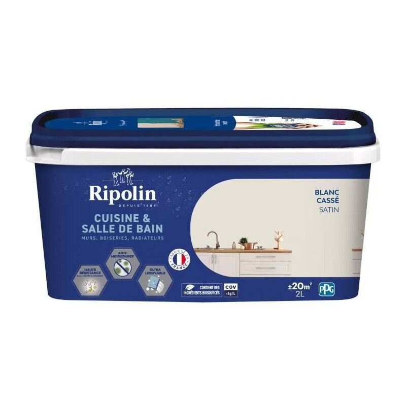 Peinture murs, boiseries, plafonds, radiateurs - RIPOLIN - Cuisine et bain - 2 L - Blanc cassé