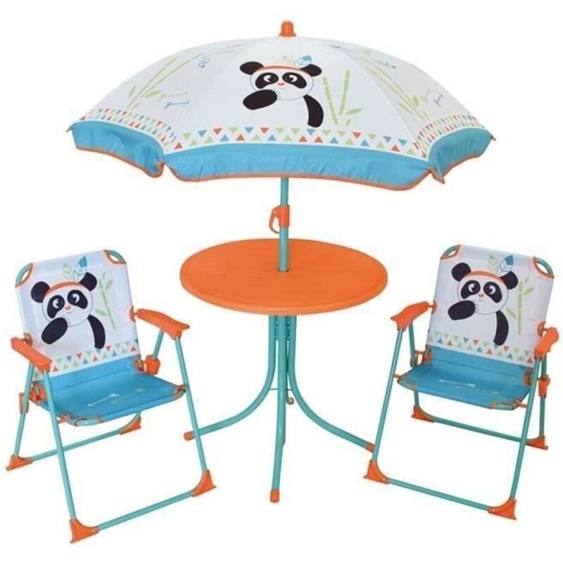 Salon De Jardin Enfant FUN HOUSE Panda Indien - Table, 2 Chaises Pliantes + Parasol