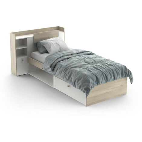 Lit enfant 90x190/200 cm avec rangements – Décor chêne et blanc – Panneaux de particules – Fabrication française – Demeyere (1/5)