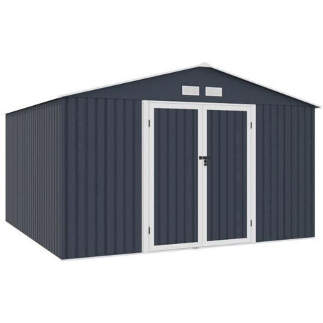 Abri de jardin métal 10,85 m² – Acier galvanisé traité anti-corrosion – Kit d'ancrage inclus – Panneaux renforcés et portes battantes (1/6)