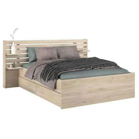 Lit adulte 140x190/200 cm avec tête de lit et 2 tiroirs – Décor chêne du Japon – Structure panneaux de particules – Dimensions L202.8 x H98.2 x P216.8 cm – Parisot (1/7)