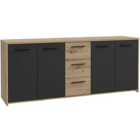Buffet PILVI - Style contemporain - Particules mélaminé -Décor Chene artisan et Noir- 4 portes + 3 tiroirs - L179,2 x P42 x H