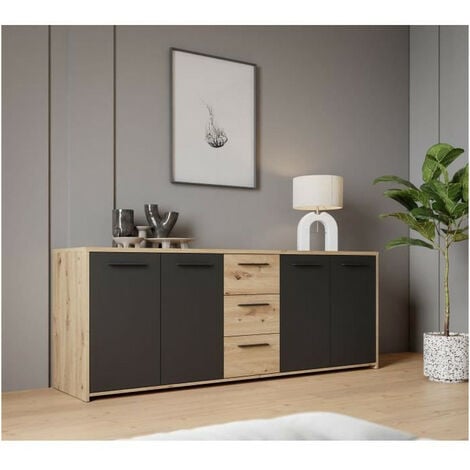 Buffet PILVI - Style contemporain - Particules mélaminé -Décor Chene artisan et Noir- 4 portes + 3 tiroirs - L179,2 x P42 x H