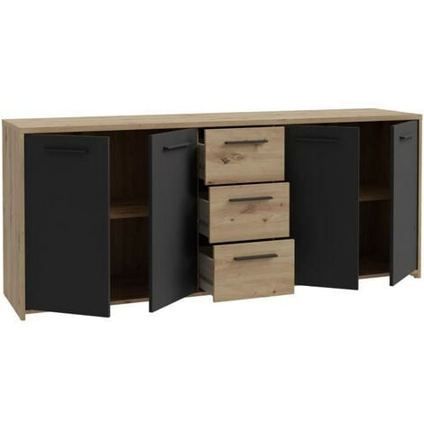 Buffet PILVI - Style contemporain - Particules mélaminé -Décor Chene artisan et Noir- 4 portes + 3 tiroirs - L179,2 x P42 x H