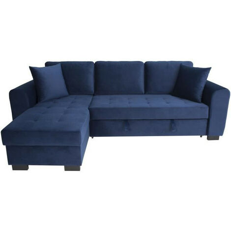 Canapé d'angle convertible 4 places – Tissu velours bleu 100% polyester – Long 245 cm x Haut 86 cm x Larg 140 cm – Coffre de rangement (1/5)