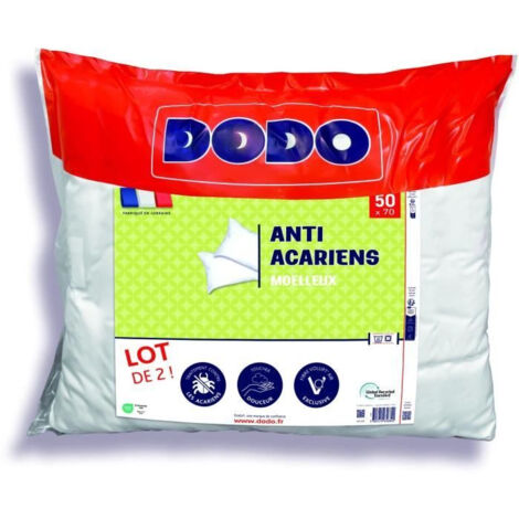 Dodo – Lot de 2 oreillers anti-acariens 50x70 cm – Enveloppe 100% polyester traité – Garnissage fibre creuse siliconée VOLUPT'AIR