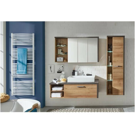 BAY Salle de bain complete : Armoire+colonne+meuble avec vasque+miroirs - Mélaminé chene et béton - L186 x P53 x H198 cm - TR (1/5)