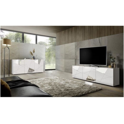 Ensemble séjour buffet 3 portes 181 cm – meuble TV 181 cm – finition laquée brillante anti-rayure – couleur blanc laqué avec sérigraphie miroir (1/5)