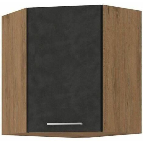 Meuble haut d'angle – Mélaminé décor chêne lancelot et gris matera – 1 porte – Dimensions L58 x H72 cm – Finition mate (1/5)