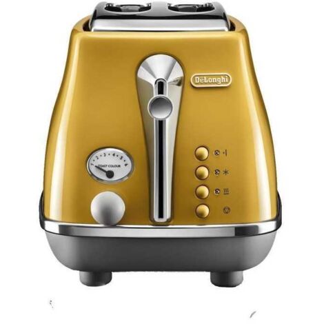 Delonghi – Grille-pain 2 tranches 900W – Chauffe viennoiseries – Acier inoxydable – Dimensions 320x185x205mm – Jaune