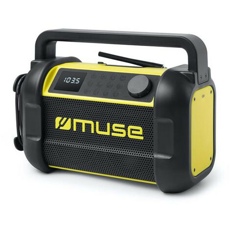Radio de chantier Bluetooth – Alimentation secteur et batterie lithium 1500 mAh – Résistance IP64 aux éclaboussures – 30 stations FM préréglées – Muse
