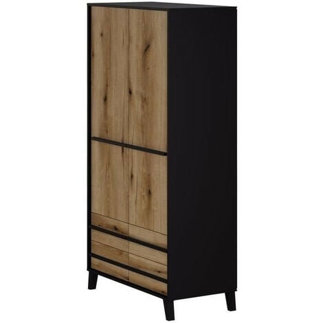 Armoire HEKA 2 portes + 4 tiroirs - Décor noir et chene - L100 x P50 x H180 cm - Fabriqué en Espagne