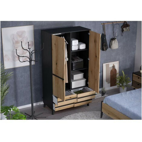 Armoire HEKA 2 portes + 4 tiroirs - Décor noir et chene - L100 x P50 x H180 cm - Fabriqué en Espagne