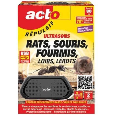 Répulsif ultrasons étanche 3361671531918 – Protection jusqu'à 80 m² – Autonomie 15 jours – Rechargeable avec câble micro-USB – Acto