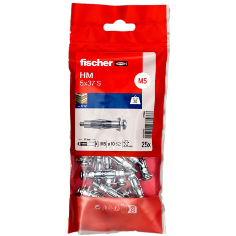 Fischer – Cheville pour support creux 5 x 37 mm – Lot de 25 – Métal électrozingué pour plaques de plâtre et panneaux légers – Charge élevée