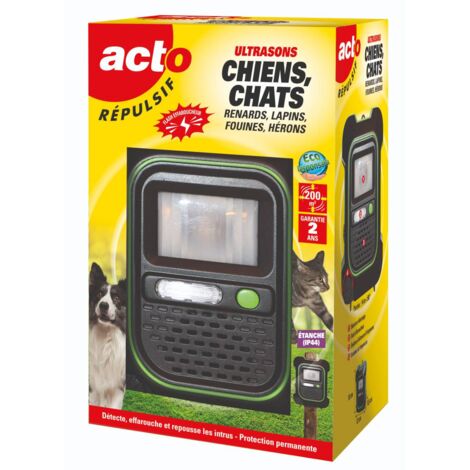 Repulsif ultrasons pour chiens et chats – Détection de mouvement 14m – Flash effaroucheur 90° – Usage extérieur et privé – Retro