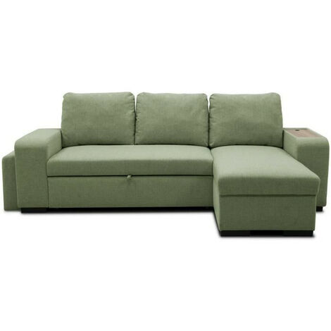 Canapé d'angle convertible réversible VALDO 3 a 4 places - Tissu Vert - Tablette avec USB - Coffre + Pouf - L247xP143xH86 cm (1/5)