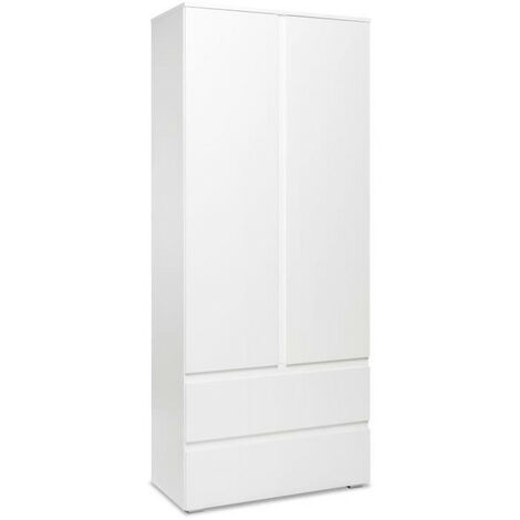 Armoire chambre adulte – Décor blanc – 2 portes – 2 tiroirs – Dimensions L80 x H191 x P40 cm – Panneaux de particules (1/5)