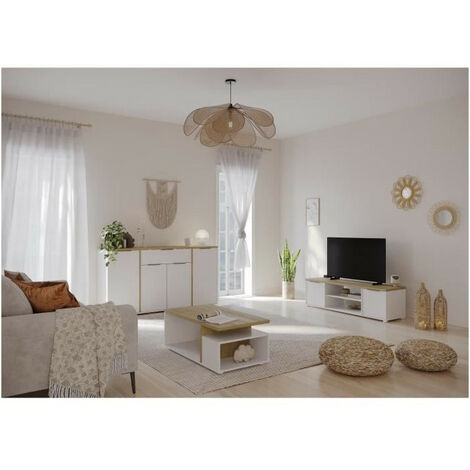 Ensemble de meubles de salon – Table basse, banc TV 2 portes, enfilade 4 portes – Décor chêne Hamilton et blanc – Style épuré – Demeyere