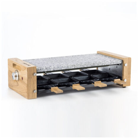 Appareil à raclette pour 8 personnes – Pierre de cuisson 38 x 19,5 cm – Puissance 1200W – Sécurité anti-surchauffe – Design bois naturel – Hkoenig