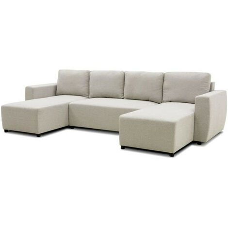 Canapé d'angle convertible panoramique 5/6 places – Tissu beige – Coffre de rangement – Dimensions L297 x P155 x H85 cm (1/6)