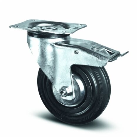 Roulette pivotante AVL 80 mm caoutchouc noir avec frein à pied