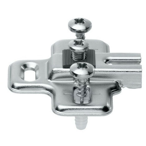 Embase cruciforme pour charnière Modul réfrigérateur acier nickelé – Réglage en hauteur ± 3 mm – Diamètre vis agglo 3,5-4 mm – EMB194611 – Blum
