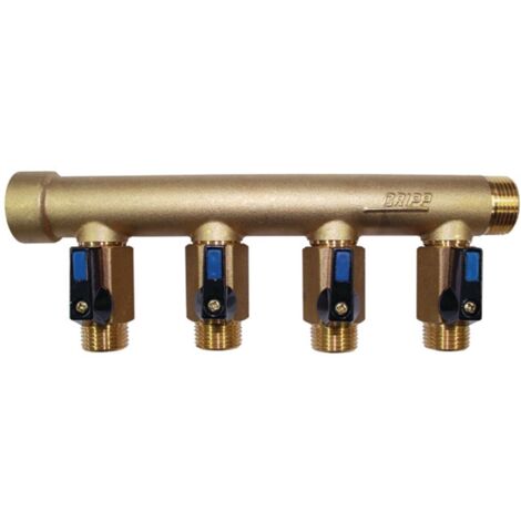 Watts – Collecteur mâle-femelle 3/4'' – 2 départs mâles 1/2'' avec vannes – Arrivée mâle 3/4'' – Résistance 10 bars – Entraxe 50 mm