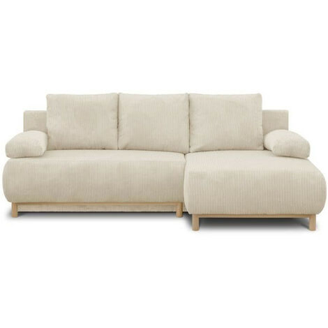 Canapé d'angle droit convertible 3 places – Velours côtelé beige – Coffre de rangement – Couchage 130 x 210 cm – Dimensions L218 x P98/145 x H84 cm (1/6)