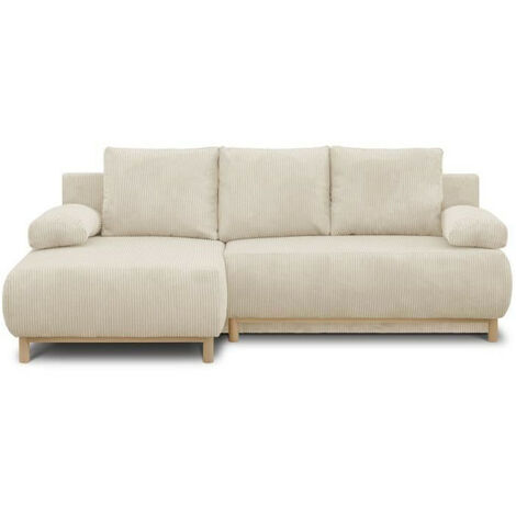 Canapé d'angle gauche convertible 3 places – Velours côtelé beige – Coffre de rangement intégré – Dimensions L218 x P98/145 x H84 cm (1/8)