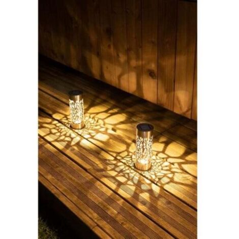 Borne solaire inox ajourée 28 cm, à planter ou poser, lumière chaude et reflets raffinés, Top ventes