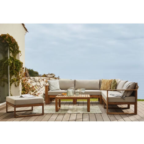 Salon de jardin d'angle modulable 7 places en acacia – Coussins en polycoton 200g/m² – Idéal pour espaces extérieurs – Bocarnea (1/5)