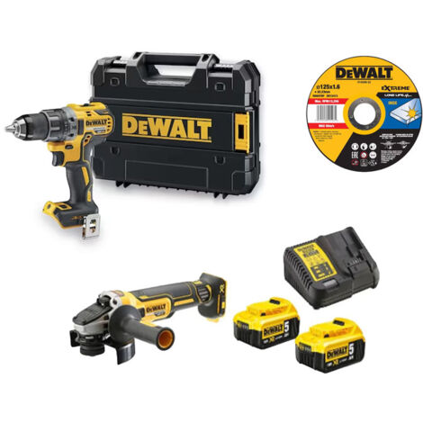 Pack 2 outils 18V XR (DCD791 DCG405) + 25 disques à tronçonner (DT43906) + 2 batteries 5.0Ah + chargeur + TSTAK DEWALT DCK2020P