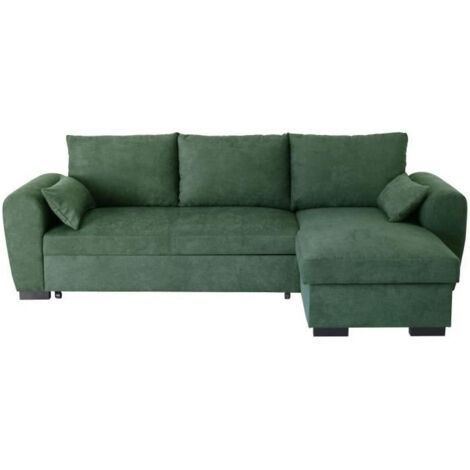 Canapé d'angle convertible réversible – Méridienne avec coffre – Tissu vert forêt – L 240 x P 143 x H 85 cm – 2 coussins décoratifs inclus (1/5)