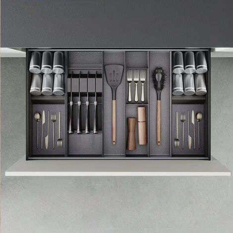 Emuca 3069335 Porte couteaux Orderbox pour tiroir, 150x470 mm, Gris anthracite, Acier et Bois (1/6)