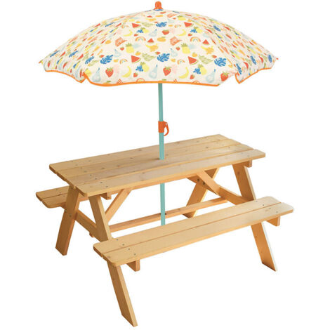 Table en bois pour pique-nique enfants – Dimensions L 95 x H 53 cm – Parasol en acier et polyester H 125 cm – Coloris beige et orange – Cijep