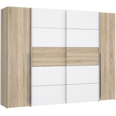 Armoire NARAGO – Décor chêne sonoma et blanc mat – 2 portes coulissantes et 2 portes battantes – L270 x P61 x H210 cm – Forte Möbel