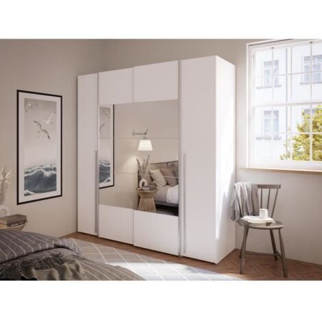 Armoire NARAGO blanc mat – 2 portes coulissantes + 2 portes battantes – Miroir intégré – Dimensions L200 x P61 x H210 cm (1/5)